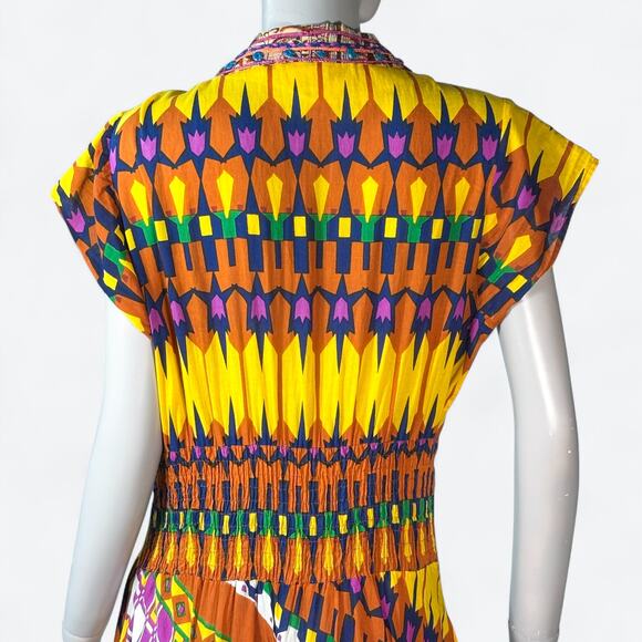 VTG 100% Cotton Geometric Artsy Boho Midi Dress Women's Large Beaded Resortwear - Picture 5 of 12